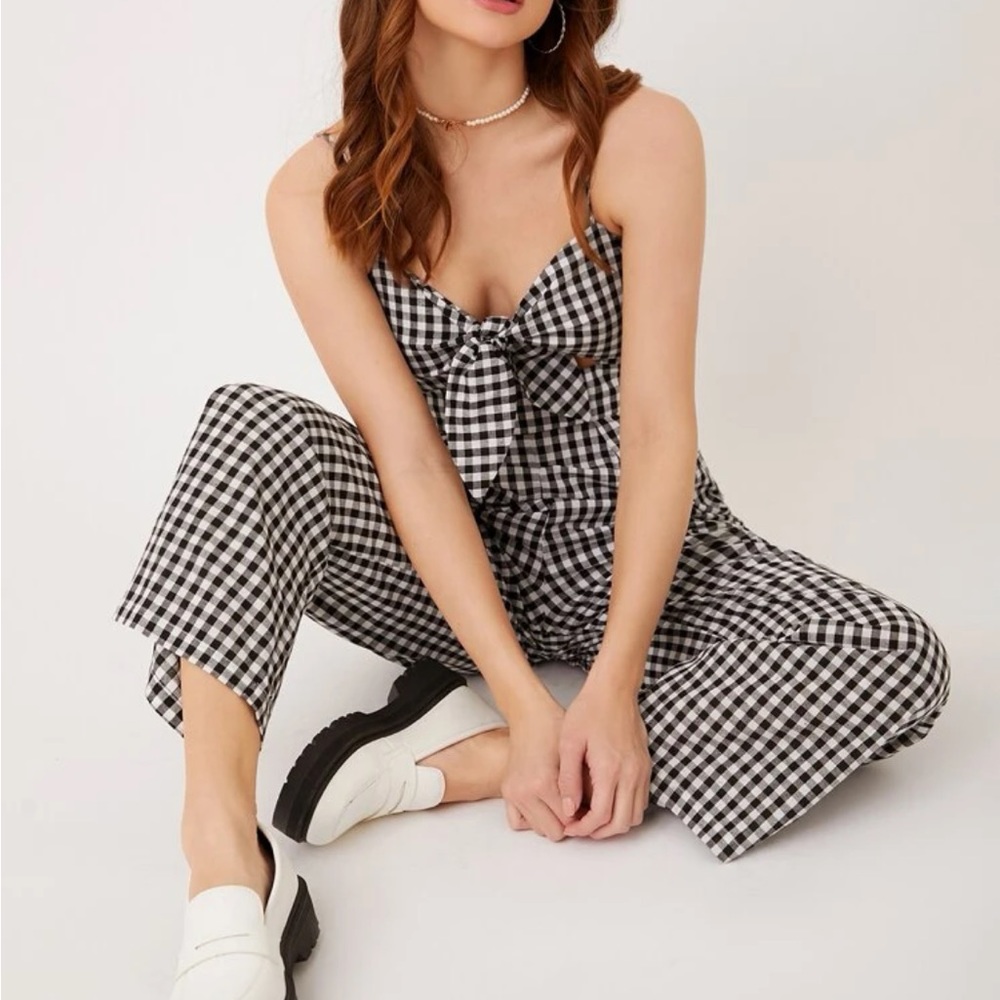 Classic Plaid Gingham Cut Out Tie Front Cami Jumper Jumpsuit - Picture 2 of 6